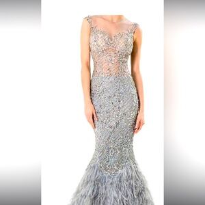 Terani gray evening dress with feathers and rhinestones